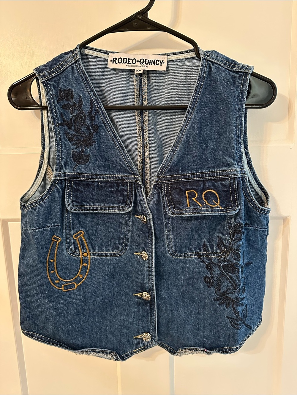 Rodeo Quincy Embroidered Denim Vest in Medium Blue